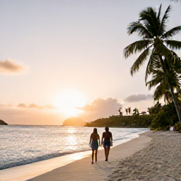 Caribbean Holidays, British Virgin Islands, Couple walking along a quiet Caribbean beach at sunset in the British Virgin Islands with calm sea and palm trees