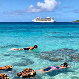 Caribbean Holidays, British Virgin Islands Cruises, A couple snorkelling in clear Caribbean water near a coral reef in the British Virgin Islands, with a cruise ship visible in the distance
