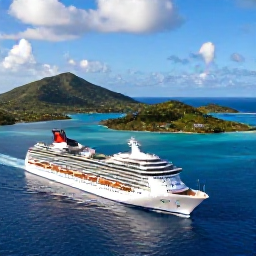 Caribbean Holidays, British Virgin Islands Cruises, A modern cruise ship approaching the green islands and turquoise bays of the British Virgin Islands in bright February sunshine