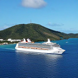 Caribbean Holidays, British Virgin Islands Cruises, A modern cruise ship sailing past the green islands and turquoise bays of the British Virgin Islands in bright Caribbean sunshine