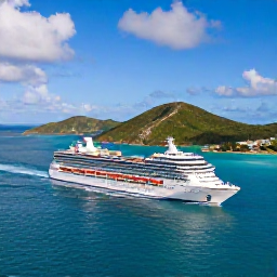 Caribbean Holidays, British Virgin Islands Cruises, A modern cruise ship sailing past the green islands and turquoise waters of the British Virgin Islands in bright April sunshine