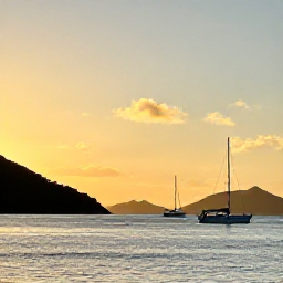 Caribbean Holidays, British Virgin Islands Cruises, A peaceful Caribbean sunset over the British Virgin Islands, with calm sea, sailing boats and warm light on the hills