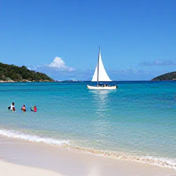 Caribbean Holidays, British Virgin Islands Cruises, A small sailing boat and snorkellers in clear turquoise water beside a quiet British Virgin Islands beach
