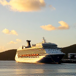 Caribbean Holidays, British Virgin Islands Cruises, Cruise ship departing a British Virgin Islands harbour at sunset with calm sea and tropical hills