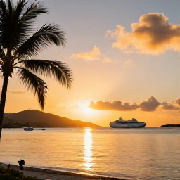 Caribbean Holidays, British Virgin Islands Cruises, Sunset over a calm British Virgin Islands bay with anchored boats, palm trees and warm golden light