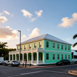 Caribbean Holidays, British Virgin Islands Culture, Historic Government House and quiet streets in Road Town, Tortola, British Virgin Islands, under warm Caribbean sunshine