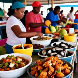 Caribbean Holidays, British Virgin Islands Culture, Local Caribbean food market in the British Virgin Islands with fresh seafood, tropical fruit and traditional island dishes