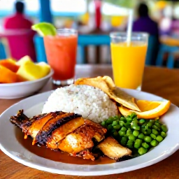 Caribbean Holidays, British Virgin Islands Culture, Traditional British Virgin Islands food served at a lively local restaurant, including fish, peas and rice, roti and fresh tropical fruit
