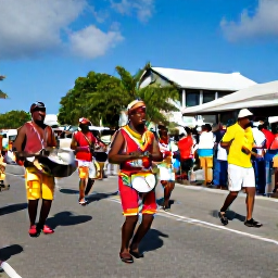 Caribbean Holidays, British Virgin Islands Culture, Traditional BVI festival parade with colourful costumes, steel pan musicians and dancing crowds in Road Town