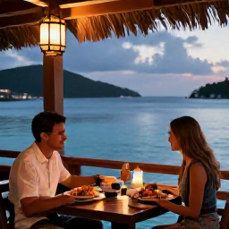 Caribbean Holidays, British Virgin Islands December, Couple dining at a relaxed seaside restaurant in the British Virgin Islands at dusk, with lanterns, fresh seafood and a calm Caribbean bay