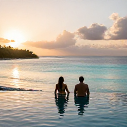 Caribbean Holidays, British Virgin Islands December, Couple relaxing beside an infinity pool at an adults-only Caribbean resort in the British Virgin Islands, with a sunset over calm turquoise sea