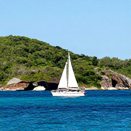 Caribbean Holidays, British Virgin Islands December, Sailing boat passing between green British Virgin Islands in December, with clear blue water, sunny skies and rugged coastline