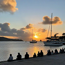 Caribbean Holidays, British Virgin Islands December, Warm December sunset over a British Virgin Islands harbour with sailing boats and travellers enjoying the waterfront