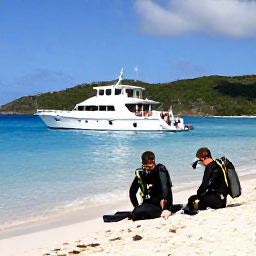 Caribbean Holidays, British Virgin Islands Diving, Friendly dive boat anchored beside a tropical island in the British Virgin Islands with divers preparing their equipment