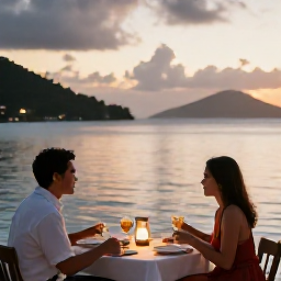 Caribbean Holidays, British Virgin Islands February, Couple dining outdoors beside calm Caribbean water in the British Virgin Islands during a warm February evening