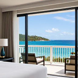 Caribbean Holidays, British Virgin Islands February, Elegant British Virgin Islands resort room with balcony overlooking the Caribbean Sea, suitable for business class holiday travellers