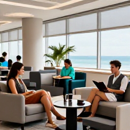 Caribbean Holidays, British Virgin Islands February, Luxury business class travellers relaxing in a bright airport lounge before flying to the British Virgin Islands