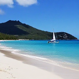 Caribbean Holidays, British Virgin Islands February, Sunny Tortola coastline in February with turquoise water, white sand, green hills and a small sailing boat