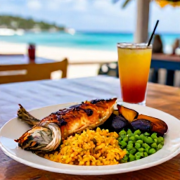 Caribbean Holidays, British Virgin Islands February, Traditional British Virgin Islands food served at a casual seaside restaurant, including fresh fish, peas and rice, plantain and Caribbean drinks