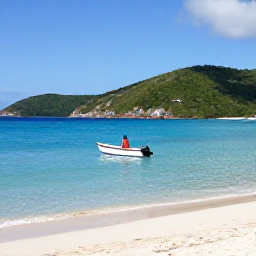 Caribbean Holidays, British Virgin Islands February, Traveller on a small boat approaching a quiet beach in the British Virgin Islands during a sunny February day, with turquoise water and green hills