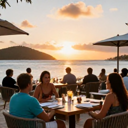 Caribbean Holidays, British Virgin Islands February, Visitors enjoying a stylish beach restaurant and waterfront dining in the British Virgin Islands at sunset