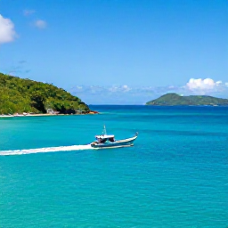 Caribbean Holidays, British Virgin Islands Fishing, A small fishing boat cruising through clear turquoise water between the green islands of the British Virgin Islands