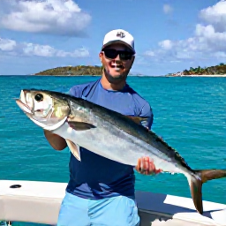 Caribbean Holidays, British Virgin Islands Fishing, Angler fighting a large fish from a charter boat against a backdrop of the British Virgin Islands and clear Caribbean sea