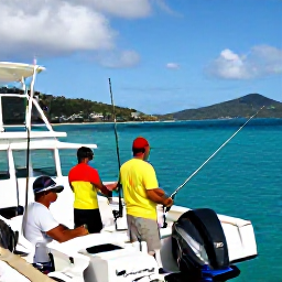 Caribbean Holidays, British Virgin Islands Fishing, Friendly fishing charter crew preparing rods and tackle beside a motorboat in a British Virgin Islands harbour