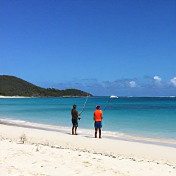 Caribbean Holidays, British Virgin Islands Fishing, Holidaymakers enjoying a sunny day of fishing beside a quiet tropical cay in the British Virgin Islands