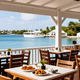 Caribbean Holidays, British Virgin Islands, Friendly waterfront restaurant in Road Town, Tortola, with outdoor tables, Caribbean food and boats in the harbour
