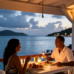 Caribbean Holidays, British Virgin Islands Honeymoon, A couple dining outdoors at a stylish Caribbean restaurant in the British Virgin Islands, with local seafood, candlelight and a harbour view