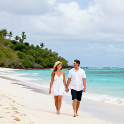 Caribbean Holidays, British Virgin Islands Honeymoon, A happy honeymoon couple walking hand in hand along a secluded British Virgin Islands beach after a light tropical shower