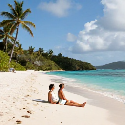 Caribbean Holidays, British Virgin Islands Honeymoon, A newlywed couple relaxing on a quiet white-sand beach in the British Virgin Islands in September, with turquoise water, palm trees and soft tropical sunlight