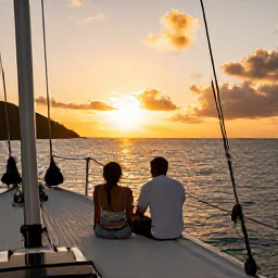 Caribbean Holidays, British Virgin Islands Honeymoon, A romantic sunset sailing trip around the British Virgin Islands, with a couple on deck, golden sky and calm Caribbean sea