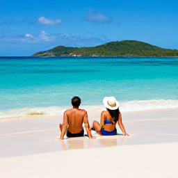 Caribbean Holidays, British Virgin Islands Honeymoons, A couple relaxing together on a quiet white-sand beach in the British Virgin Islands, turquoise sea and green hills in the background