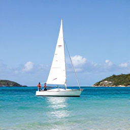 Caribbean Holidays, British Virgin Islands Honeymoons, Couple sailing a small yacht through clear Caribbean water between the British Virgin Islands on a sunny January day