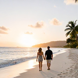Caribbean Holidays, British Virgin Islands Honeymoons, Couple walking hand in hand on a quiet white-sand beach in the British Virgin Islands at sunset