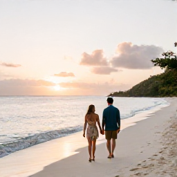 Caribbean Holidays, British Virgin Islands Honeymoons, Couple walking hand in hand on a quiet white sandy beach in the British Virgin Islands at sunset
