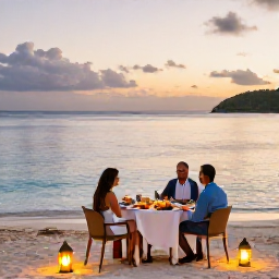 Caribbean Holidays, British Virgin Islands Honeymoons, Elegant beachfront dinner for two in the British Virgin Islands, with lanterns, fresh seafood and calm sea beyond
