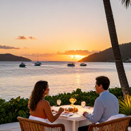 Caribbean Holidays, British Virgin Islands Honeymoons, Elegant beachfront restaurant in the British Virgin Islands with a couple enjoying dinner at sunset and boats in the bay