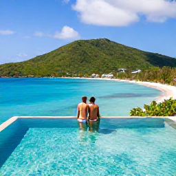 Caribbean Holidays, British Virgin Islands Honeymoons, Luxury honeymoon villa with private infinity pool overlooking a turquoise bay and green islands in the British Virgin Islands