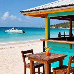 Caribbean Holidays, British Virgin Islands Instagram Hotspots in March, Colourful Caribbean beach bar on Jost Van Dyke in March, with wooden tables, tropical drinks, sandy beach and anchored boats