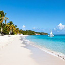 Caribbean Holidays, British Virgin Islands July, A bright tropical beach in the British Virgin Islands in July, with calm turquoise water, white sand, palm trees and a small sailing boat