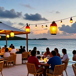 Caribbean Holidays, British Virgin Islands July, A lively but relaxed Caribbean evening at a beachfront restaurant in the British Virgin Islands, with diners, lanterns and sunset over the sea
