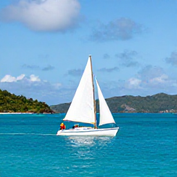 Caribbean Holidays, British Virgin Islands July, A small sailing boat cruising through the turquoise waters of the British Virgin Islands, with green islands and a sunny blue sky in the background