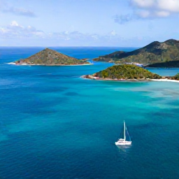 Caribbean Holidays, British Virgin Islands July, Aerial view of the British Virgin Islands with turquoise sea, green islands and a sailing yacht in bright July sunshine