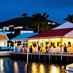 Caribbean Holidays, British Virgin Islands July, Colourful evening scene in Road Town, Tortola, with waterfront restaurants, harbour lights and visitors enjoying a warm July night