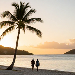 Caribbean Holidays, British Virgin Islands July, Couple walking along a palm-fringed British Virgin Islands beach at sunset in July, with calm sea and warm golden light