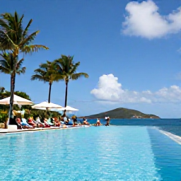 Caribbean Holidays, British Virgin Islands July, Elegant all-inclusive resort in the British Virgin Islands with an infinity pool, palm trees and guests enjoying a sunny July afternoon
