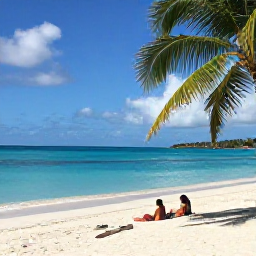 Caribbean Holidays, British Virgin Islands July, Quiet white-sand beach on Tortola in July, with palm trees, calm turquoise water and a couple relaxing by the shore